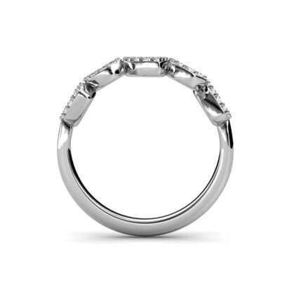 Through-finger view of white gold or platinum pear and marquise diamond halo band showing the band profile