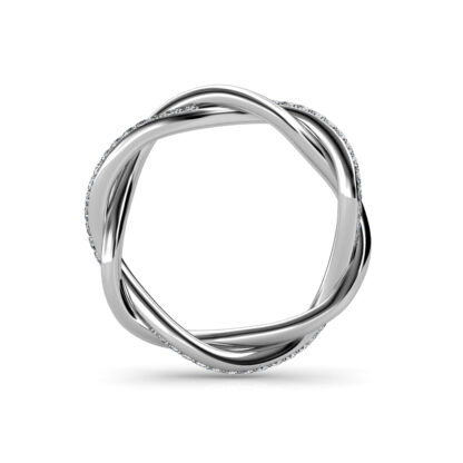 Top-down view of white gold or platinum twisted pave diamond rope band