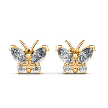 Front view of yellow gold butterfly stud earrings with marquise and round diamonds