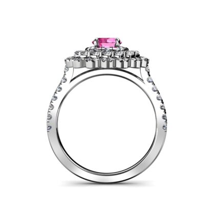 Through-finger view of white gold or platinum pink sapphire diamond triple halo ring showing the band profile