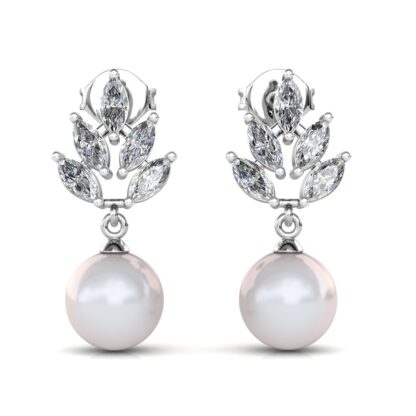 Front view of white gold marquise diamond leaf pearl drop earrings
