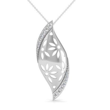 Front view of white gold curved leaf pendant with floral cut-out detail