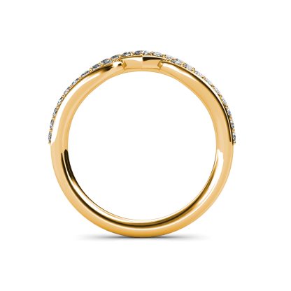 Through-finger view of yellow gold twisted V pave diamond stacking band showing the band profile