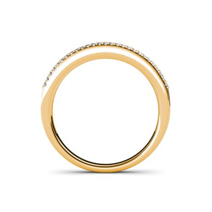 Through-finger view of yellow gold baguette diamond half eternity band showing the band profile