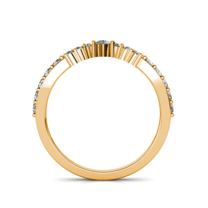 Through-finger view of yellow gold pear diamond curved crown band showing the band profile