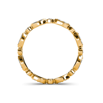 Through-finger view of yellow gold milgrain marquise station diamond eternity band showing the band profile