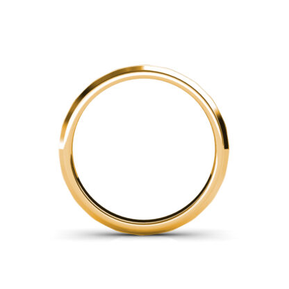 Through-finger view of yellow gold beveled edge flush-set diamond band showing the band profile