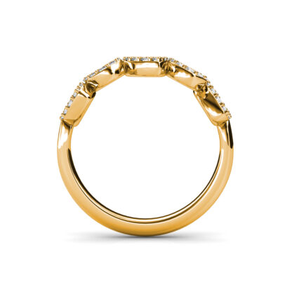 Through-finger view of yellow gold pear and marquise diamond halo band showing the band profile