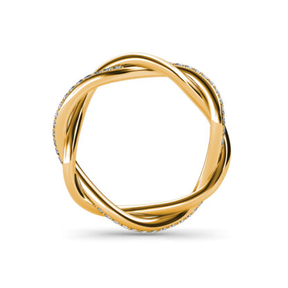 Top-down view of yellow gold twisted pave diamond rope band