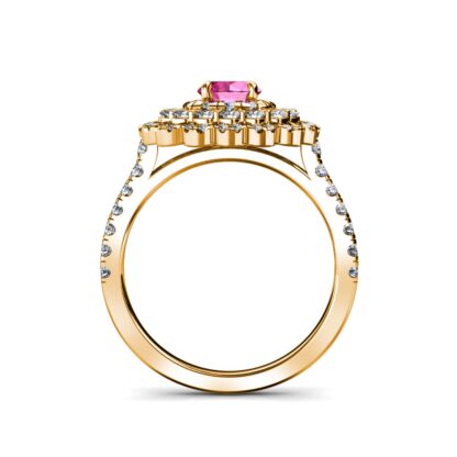Through-finger view of yellow gold pink sapphire diamond triple halo ring showing the band profile
