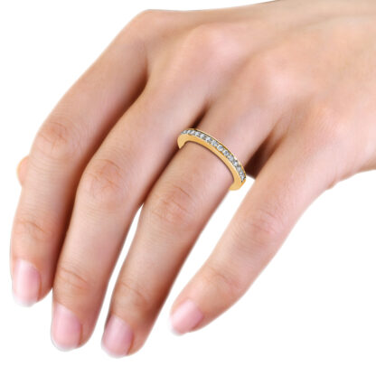 Yellow gold pave diamond half eternity band worn on the hand