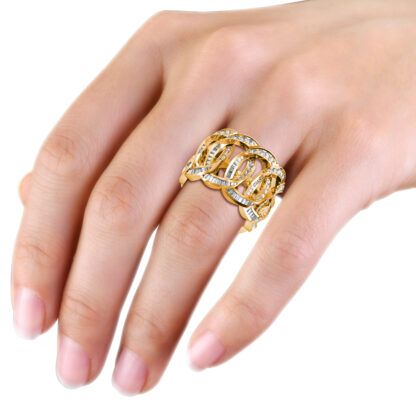 Yellow gold interlocking loop baguette diamond wide ring worn on the hand