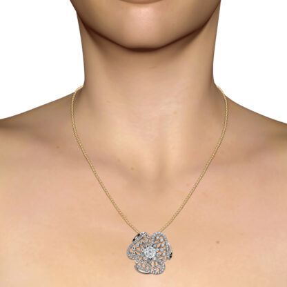 Diamond flower pendant in white gold or platinum worn on the neck