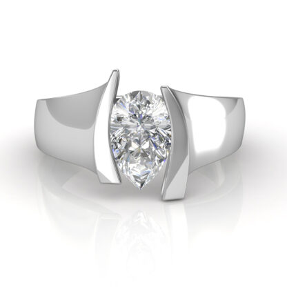 Top view of a pear diamond held between two curved bars in white gold or platinum