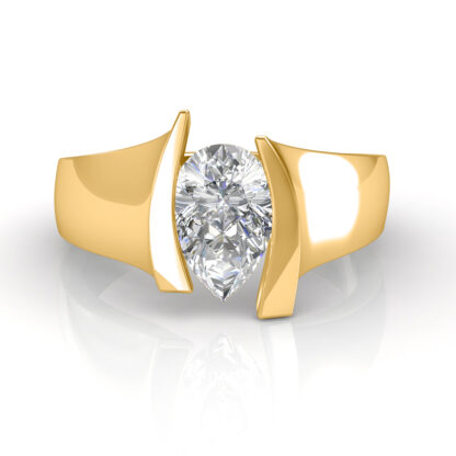 Top view of a pear diamond held between two curved yellow gold bars