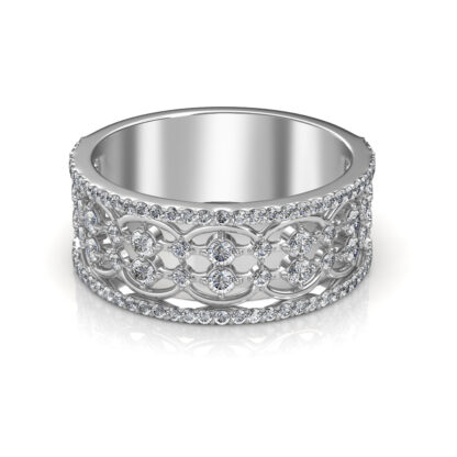 Front view of white gold wide openwork diamond band ring