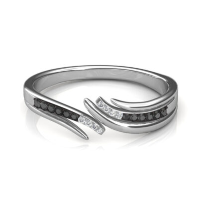 White gold black diamond wave crossover ring worn on finger