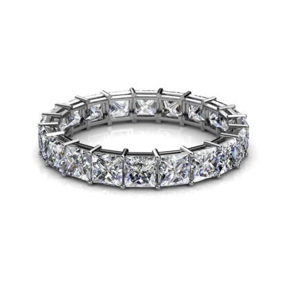 Front view of white gold or platinum princess cut diamond full eternity ring