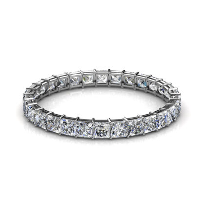 Front view of white gold or platinum princess cut diamond full eternity ring