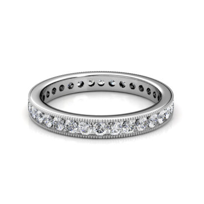 Front view of white gold milgrain channel-set diamond eternity ring