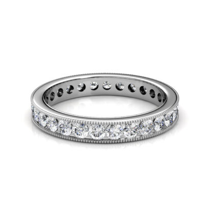 Front view of white gold milgrain channel-set diamond eternity ring