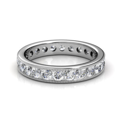 Front view of white gold milgrain channel-set diamond eternity ring