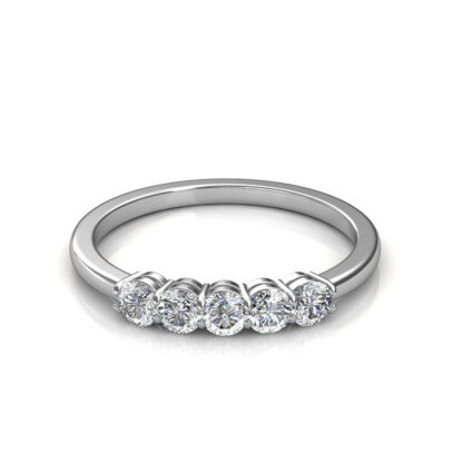 Front view of white gold or platinum band with five graduated round diamonds