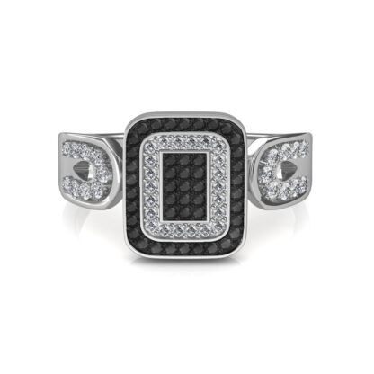White gold black and white diamond halo cocktail ring worn on finger