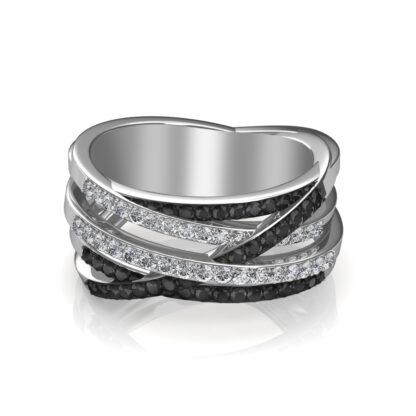 White gold black and white diamond crossover ring worn on finger