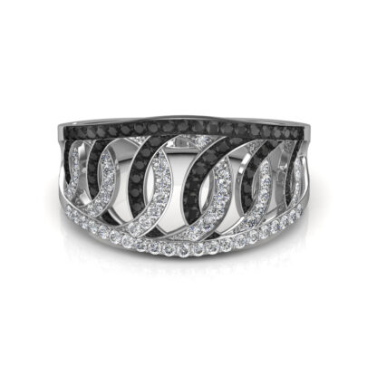White gold black and white diamond weave band ring worn on finger