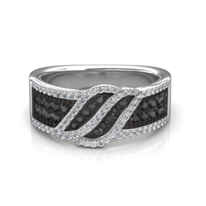 White gold black and white diamond ribbon twist ring worn on finger