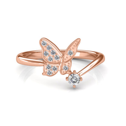 Rose gold diamond butterfly open band ring worn on hand