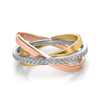 Tri-tone interlocking diamond band ring worn on finger