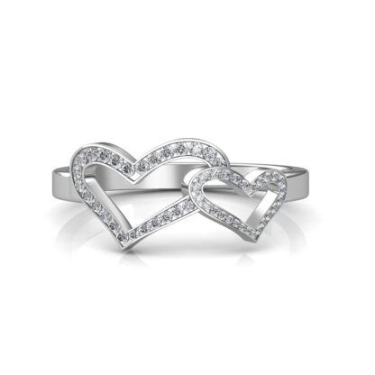 White gold interlocking diamond heart ring worn on finger