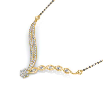 Angled view of yellow gold mangalsutra pendant showing the woven braid detail