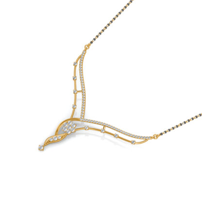 Angled view of yellow gold mangalsutra pendant showing the tendril drop detail