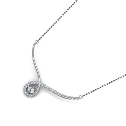 Angled view of white gold mangalsutra pendant showing the pear halo detail