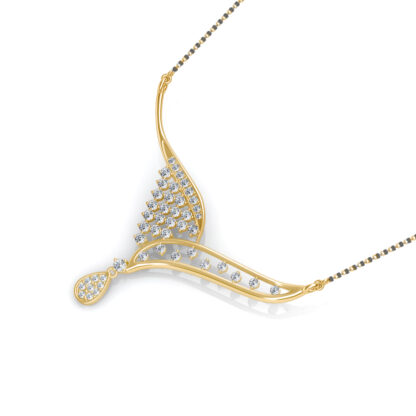 Angled view of yellow gold mangalsutra pendant showing the diamond lattice detail