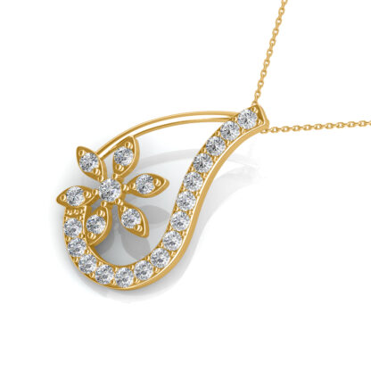 Angled view of yellow gold floral pendant showing the diamond teardrop outline