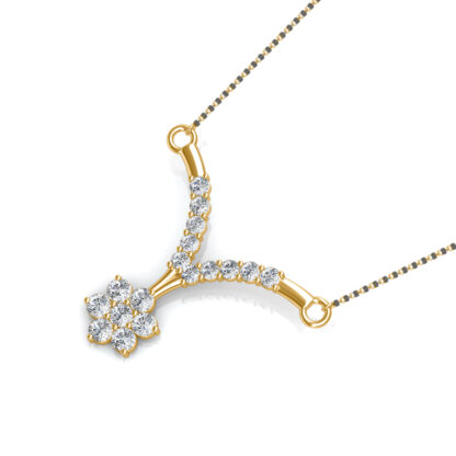 Angled view of yellow gold mangalsutra pendant showing the flower cluster detail