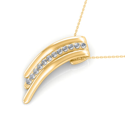 Angled view of yellow gold curved bar pendant showing the diamond line detail