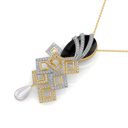 Angled view of black onyx diamond pendant showing the square link detail