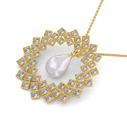 Angled view of yellow gold diamond rosette pendant showing the chain bail