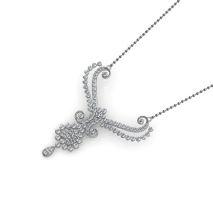 Angled view of white gold mangalsutra pendant showing the diamond medallion detail