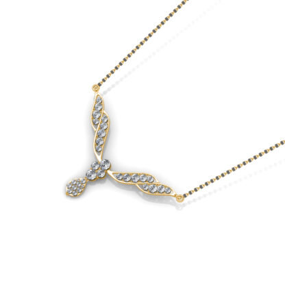 Angled view of yellow gold mangalsutra pendant showing the leaf wing detail