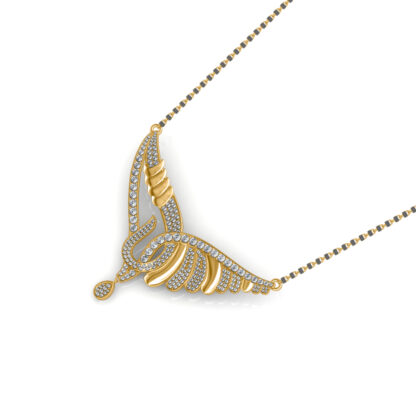Angled view of yellow gold mangalsutra pendant showing the fluted wing detail