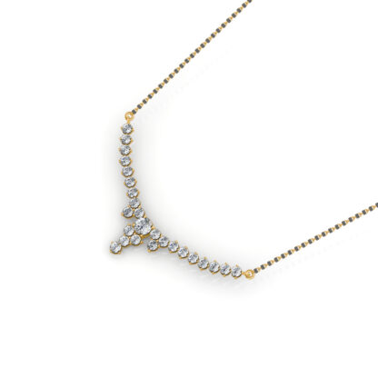 Angled view of yellow gold mangalsutra showing the diamond line pendant