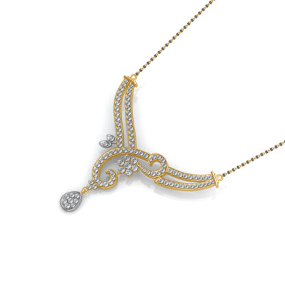 Angled view of yellow gold mangalsutra pendant showing the diamond scroll detail
