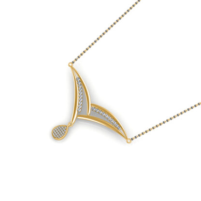 Angled view of yellow gold mangalsutra pendant showing the pear diamond drop