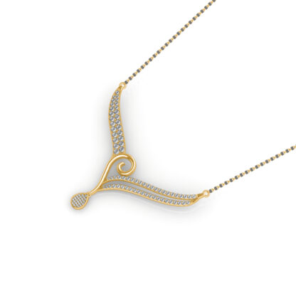 Angled view of two-tone gold mangalsutra pendant showing the spiral centre detail